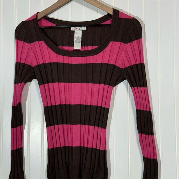 POUT Women’s Large Brown Hot Pink Stripe Ribbed Sweater Top Y2K Emo Goth Scene - Picture 2 of 7